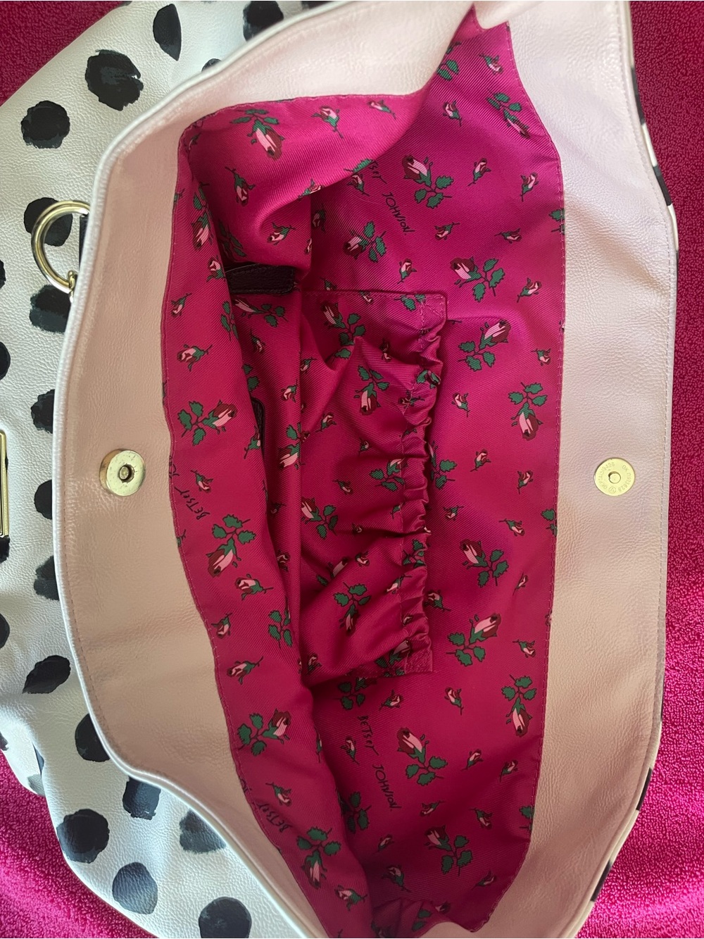 Betsey Johnson White & Black Polka Dot Tote with Pink Bow - Picture 4 of 9